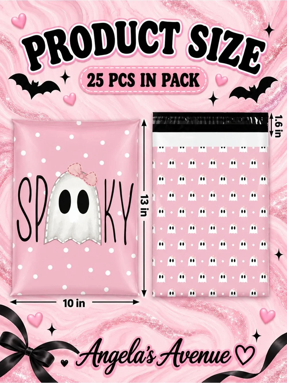 POLY MAILERS HALLOWEEN SPOOKY PINK GHOST (25 Pack) SIZE 10 × 13